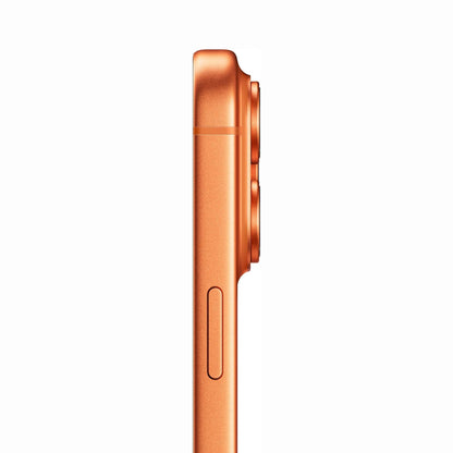 future tech gadgets Canada. cutting edge electronics online Canada. New Apple iPhone 17 Pro Max. Gallery image 8. The product is shown from a side angle, highlighting its sleek, matte orange finish. The background is a seamless white, emphasizing the device's contours and design. Two circular camera lenses are visible at the top, along with a small button below them. A thin, horizontal line runs across the body, indicating a seam or design feature.