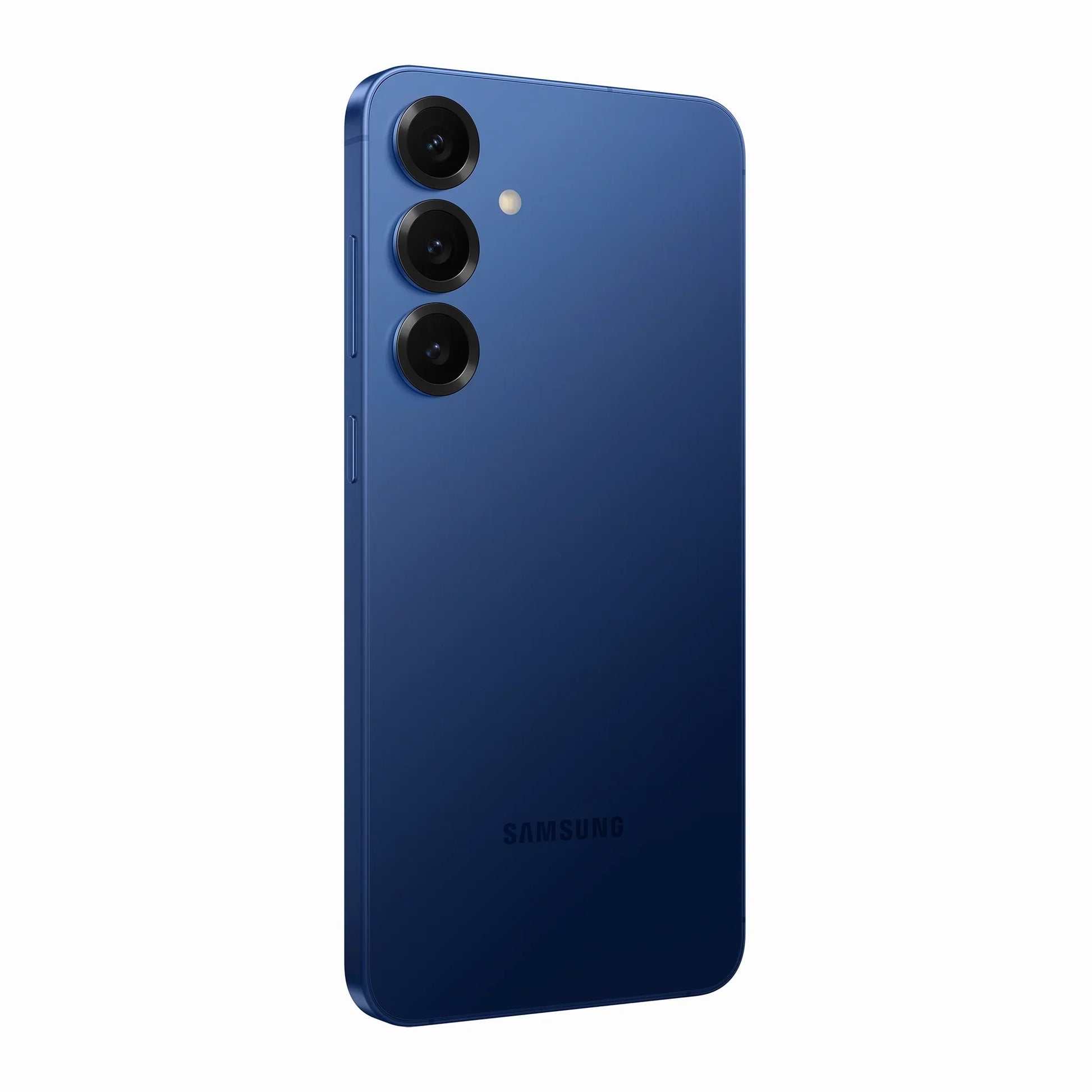 smart tech store Canada. premium tech accessories Canada. New Samsung Galaxy S25 Plus. Gallery image 11. The smartphone is positioned at a slight angle, showcasing its sleek design and vibrant blue finish. The back features three circular camera lenses arranged vertically, with a small flash above them. The surface is smooth and glossy, reflecting light subtly. The brand name "SAMSUNG" is printed in a simple font near the bottom.