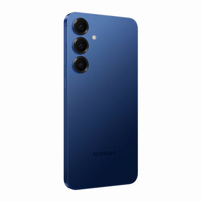 smart tech store Canada. premium tech accessories Canada. New Samsung Galaxy S25 Plus. Gallery image 11. The smartphone is positioned at a slight angle, showcasing its sleek design and vibrant blue finish. The back features three circular camera lenses arranged vertically, with a small flash above them. The surface is smooth and glossy, reflecting light subtly. The brand name "SAMSUNG" is printed in a simple font near the bottom.