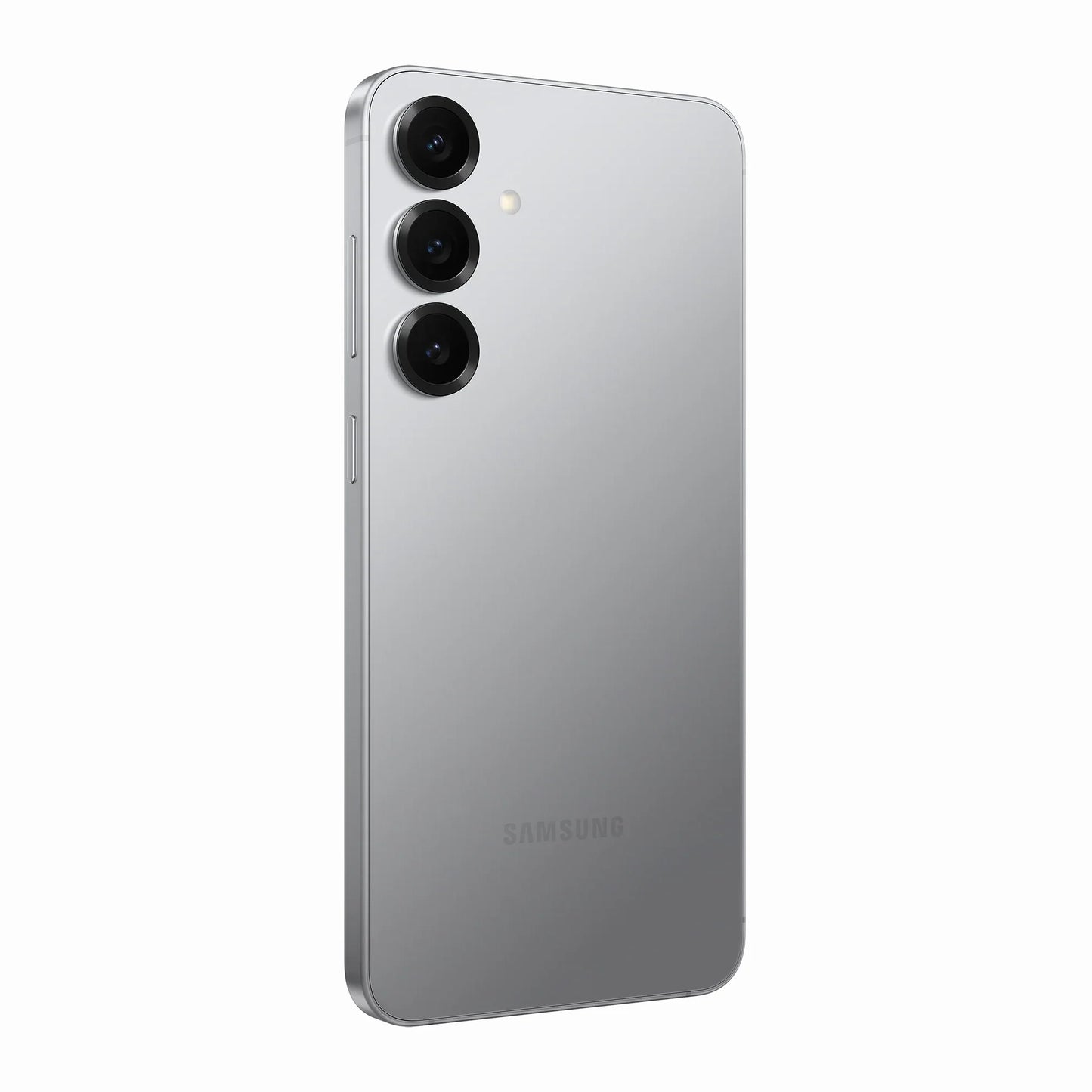 smart tech store Canada. premium tech accessories Canada. New Samsung Galaxy S25 Plus. Gallery image 10. The smartphone is positioned at a slight angle, showcasing its sleek, reflective silver back. Three circular camera lenses are aligned vertically on the left side, with a small flash above them. The device features a minimalist design with smooth edges and a subtle "SAMSUNG" logo near the bottom. The background is plain white, emphasizing the phone's polished surface and modern aesthetic.