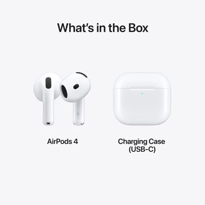 next gen electronics shop. premium tech accessories Canada. New Apple Original AirPods 4 Gen. Gallery image 3. The image features two AirPods 4 positioned to the left, with a charging case on the right. The AirPods are white with a glossy finish, showcasing their distinctive shape and black accents on the microphone and speaker openings. The charging case, also white, has a small green LED indicator on the front.