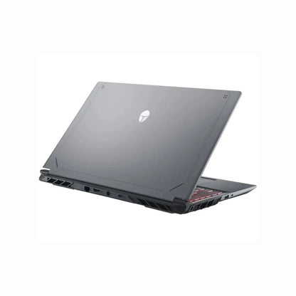 future tech gadgets Canada. smart tech store Canada. ThundeRobot R16 i9 Gaming Laptop. Gallery image 3. The laptop is positioned at a slight angle, showcasing its sleek, matte gray exterior. The lid features a subtle logo and angular design elements, while the base reveals a red backlit keyboard peeking through the open gap. The surface beneath is a seamless white, enhancing the product's modern aesthetic.