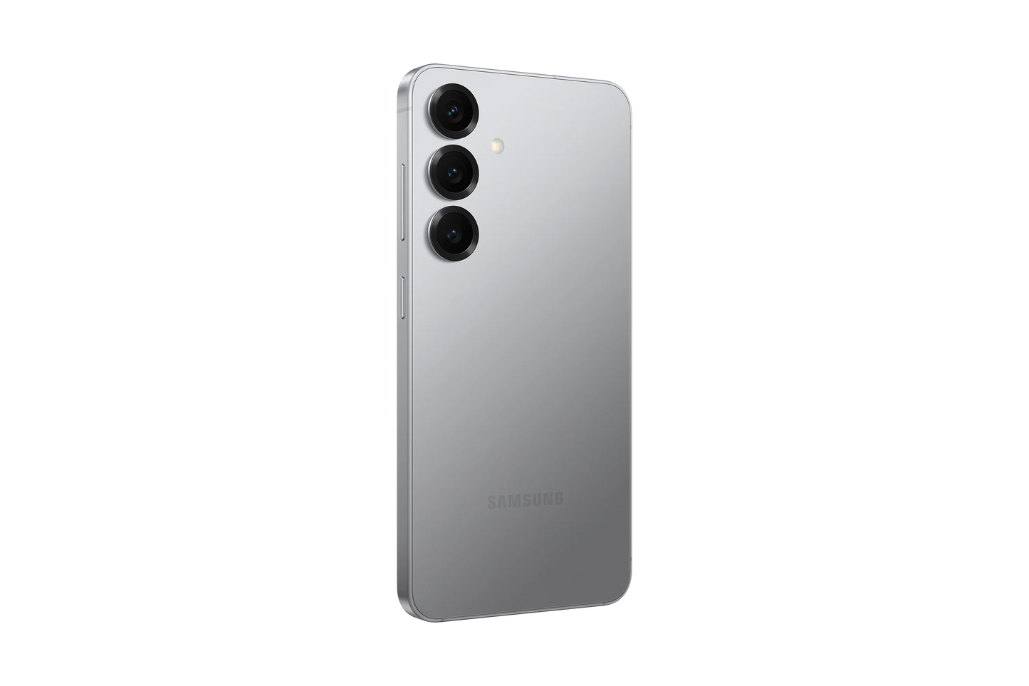 cutting edge electronics online Canada. smart tech store Canada. New Samsung Galaxy S25. Gallery image 9. The smartphone is positioned at a slight angle, showcasing its sleek, silver back. It features three circular camera lenses arranged vertically, with a small flash located above them. The surface has a glossy finish that reflects light subtly, enhancing its modern look.