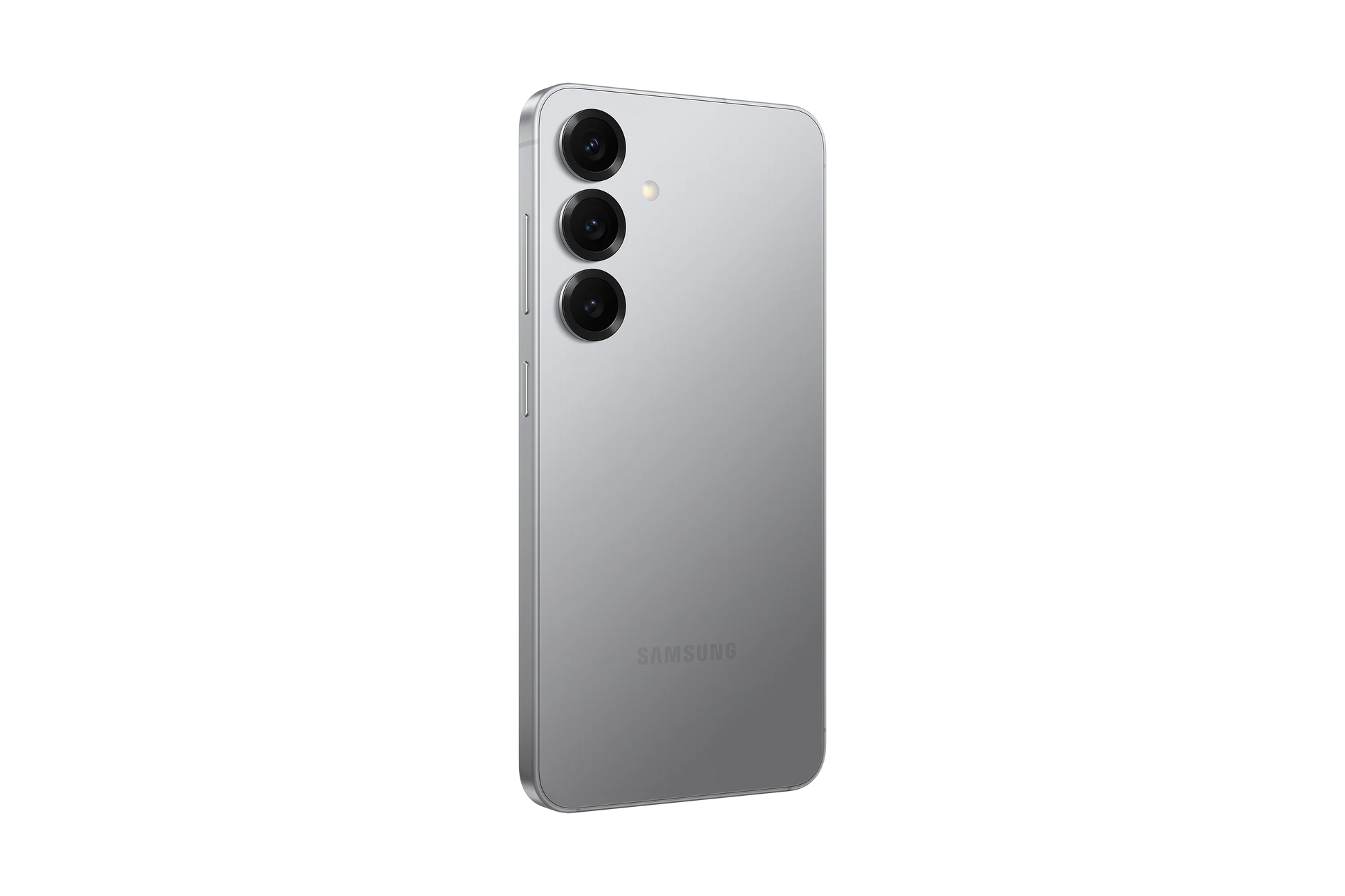 cutting edge electronics online Canada. smart tech store Canada. New Samsung Galaxy S25. Gallery image 9. The smartphone is positioned at a slight angle, showcasing its sleek, silver back. It features three circular camera lenses arranged vertically, with a small flash located above them. The surface has a glossy finish that reflects light subtly, enhancing its modern look.
