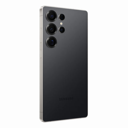 smart tech store Canada. next gen electronics shop. New Samsung Galaxy S25 Ultra. Gallery image 9. The smartphone is positioned at a slight angle, showcasing its sleek, glossy black back. The camera module, located in the upper left corner, features three circular lenses and a small flash, all encased in a contrasting black trim. The device has a silver edge that adds a modern touch, while the brand name "SAMSUNG" is subtly printed near the bottom.