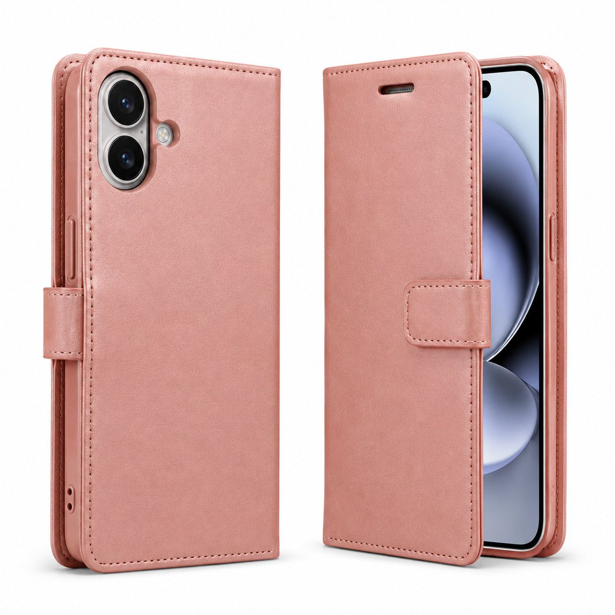 Rose gold iPhone 17 card holder case with viewing stand and camera protection