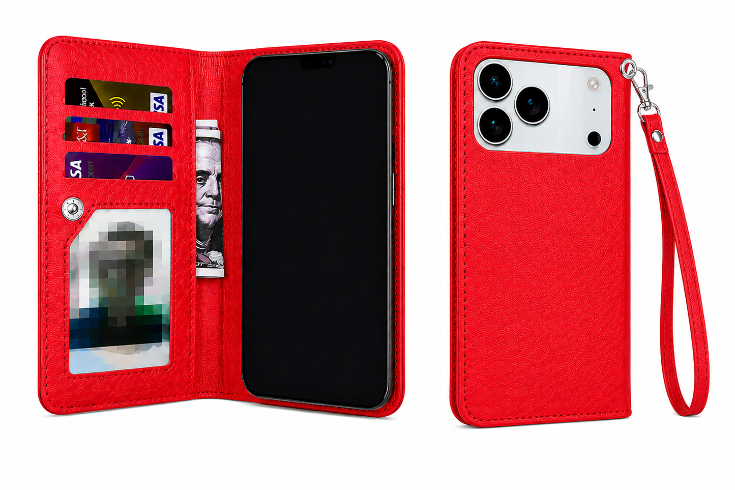 Red Protective Smartphone Case, Card Holder Wallet Phone Case, Premium iPhone 17 Pro Max Cover, Impact Resistant Case