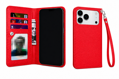 Red Protective Smartphone Case, Card Holder Wallet Phone Case, Premium iPhone 17 Pro Max Cover, Impact Resistant Case