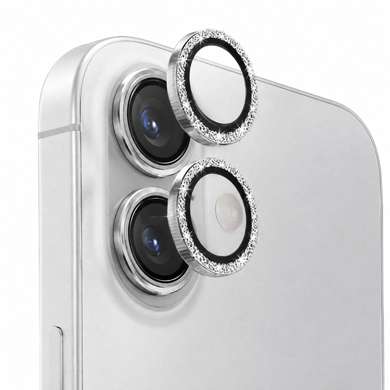 Close-up of polished silver camera ring protector for Apple iPhone 17