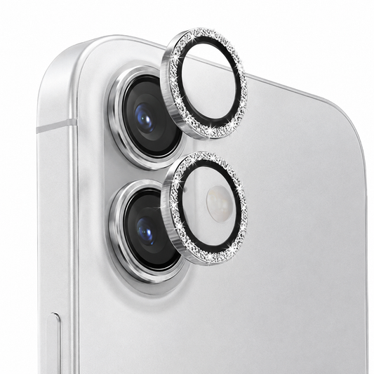 Close-up of polished silver camera ring protector for Apple iPhone 17