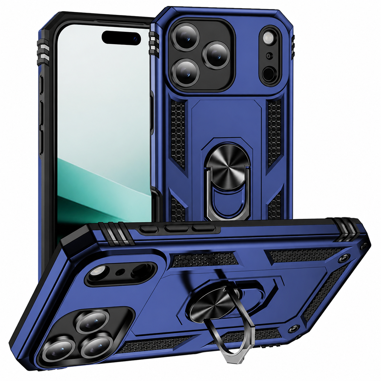 Navy Anti-Drop Hybrid Case for Apple iPhone 17 Pro Max with Shockproof Phone Case, Ring Holder, and Kickstand Design