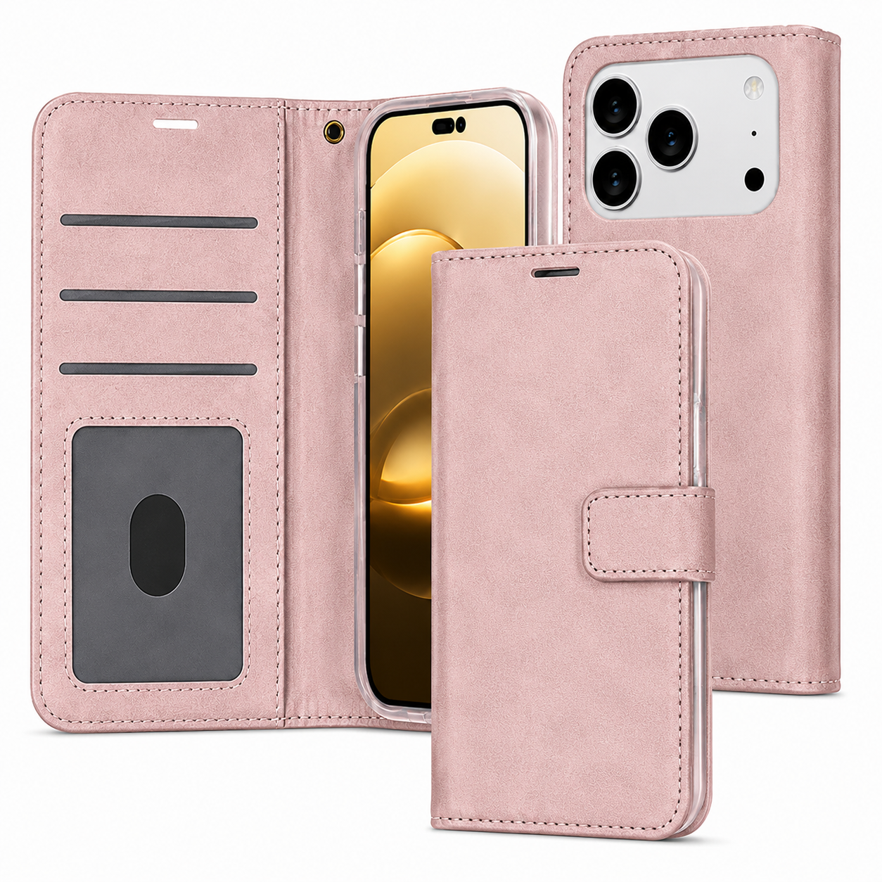 Premium Rose Gold Leather Folio Wallet Case for Apple iPhone 17 Pro Max Protective Phone Cover