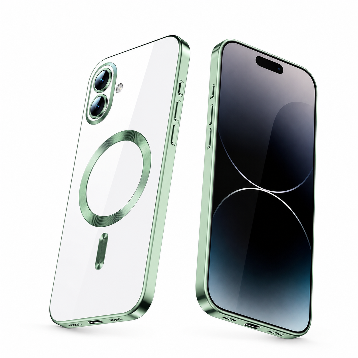Apple iPhone 17 Protective Phone Case with MagSafe Compatible Cover and metallic green frame