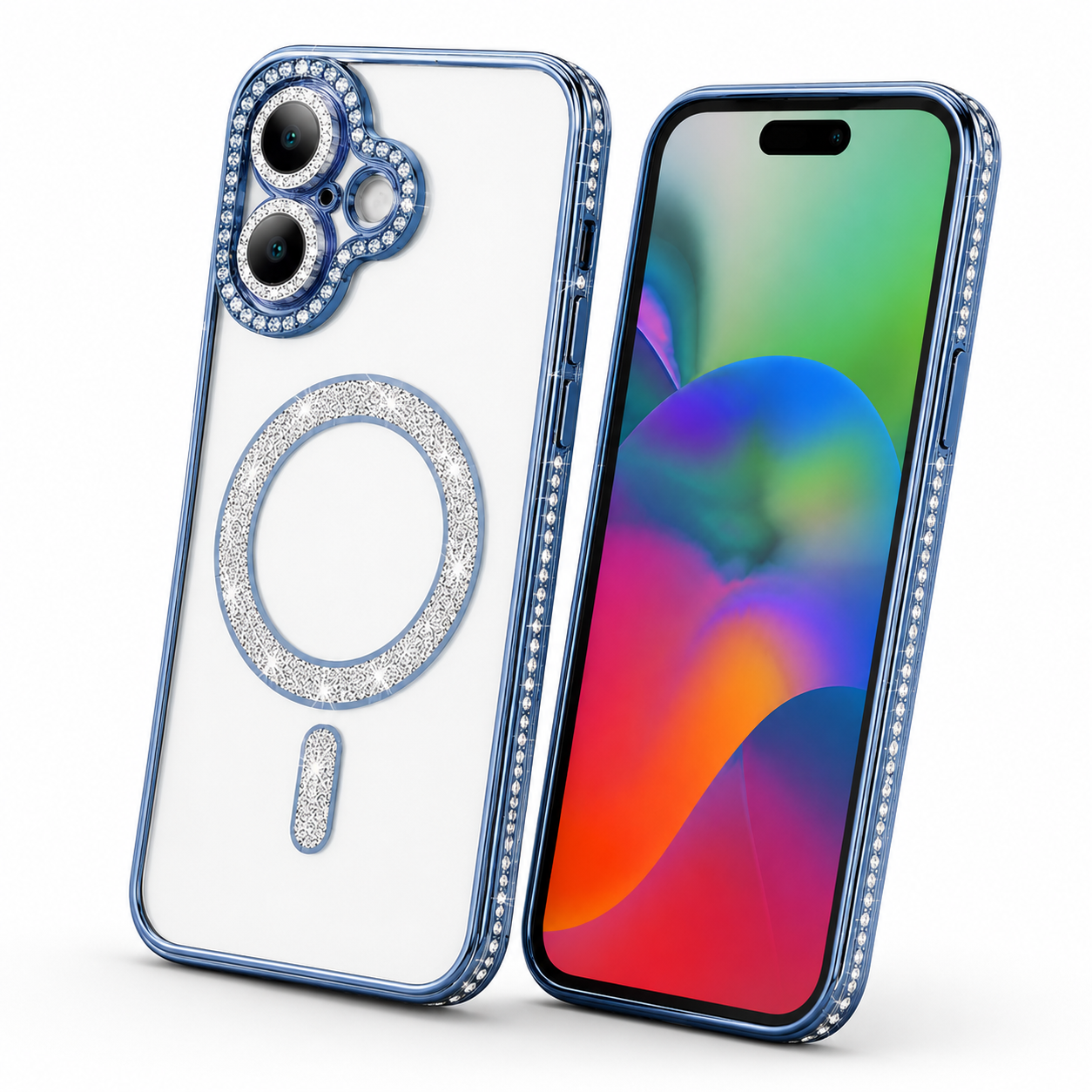 Premium Electroplated Phone Case for iPhone 17 with Blue Glitter Camera Ring Protection