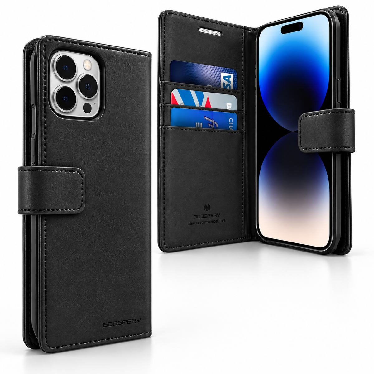 Goospery BlueMoon Leather Wallet Case for Apple iPhone 14 Pro Max - Black - angled product view