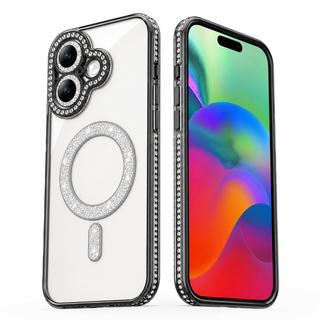 Slim Transparent Mobile Cover for iPhone 17 with Black Glitter Electroplated Frame