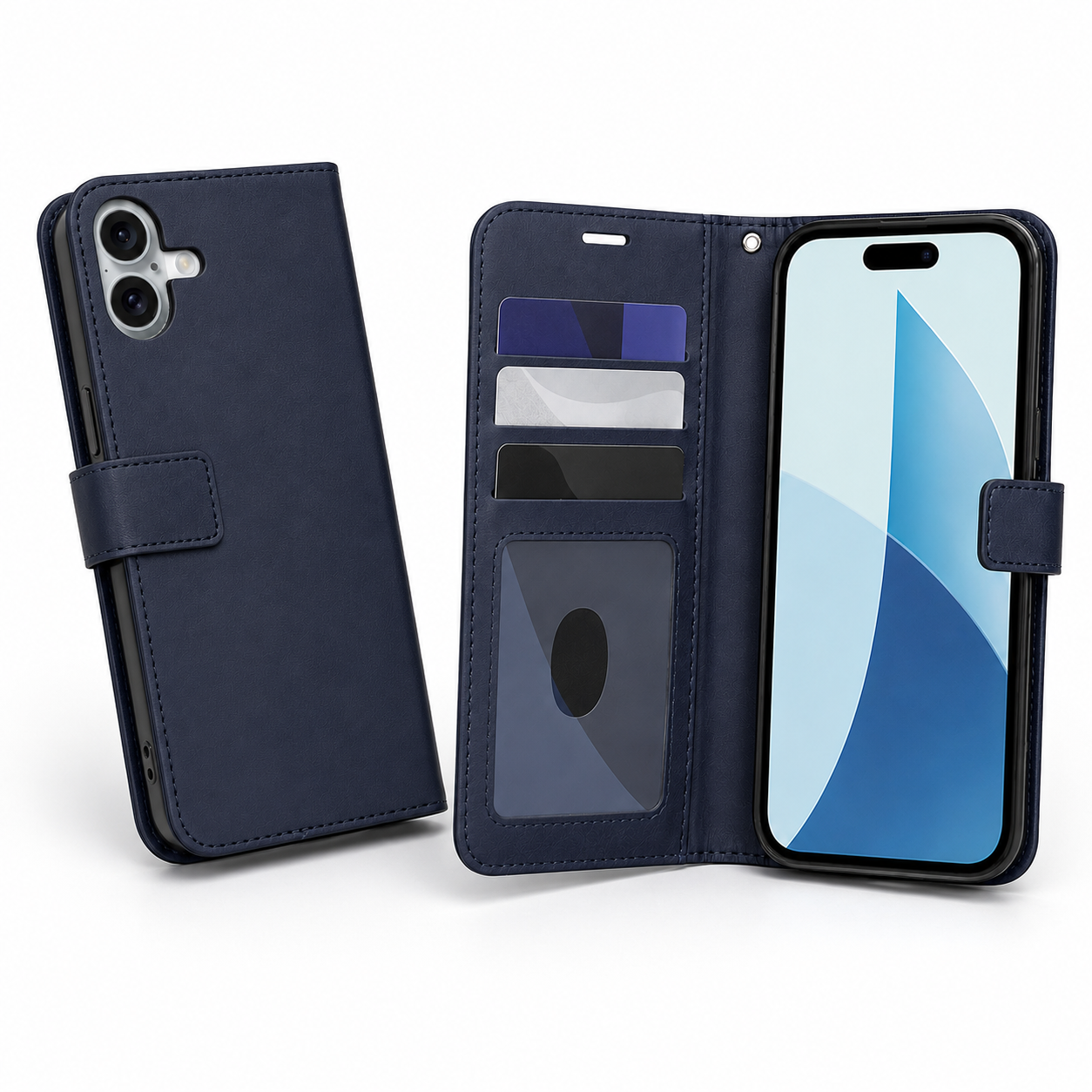 Apple iPhone 17 navy wallet phone case with transparent ID window