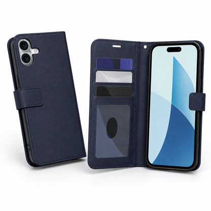 Apple iPhone 17 navy wallet phone case with transparent ID window