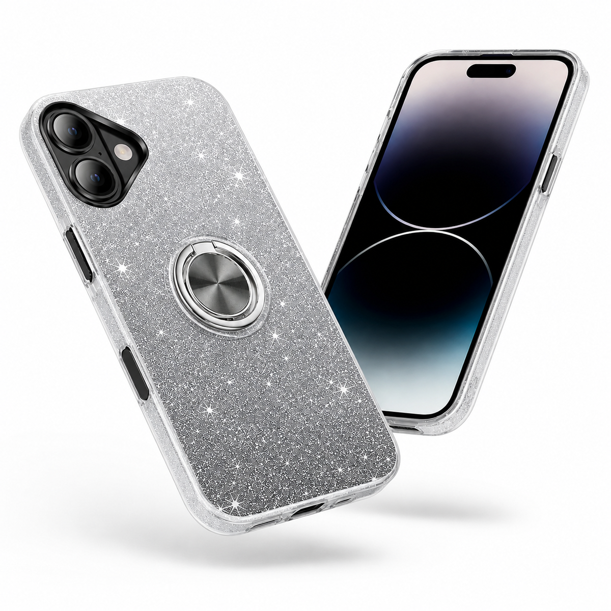 Premium black silver iPhone 17 case with ring stand