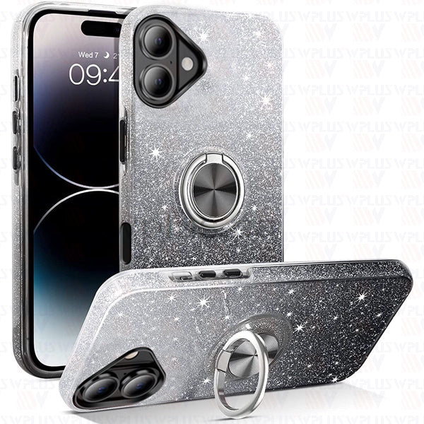 3-in-1 Glitter Ring Case for Apple iPhone 17 – Black/Silver