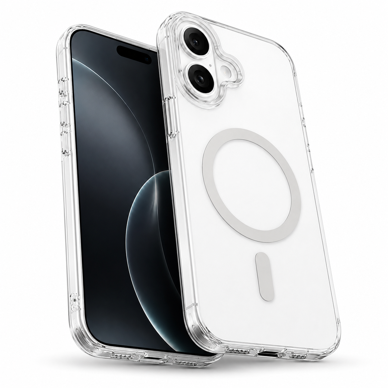 Slim White iPhone 17 Protective Case with clear back panel, military-grade drop protection, anti-scratch phone cover, and MagSafe compatibility