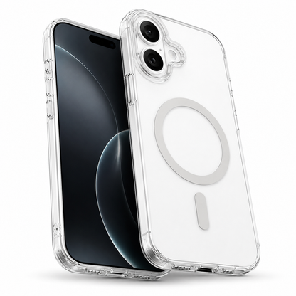 Slim White iPhone 17 Protective Case with clear back panel, military-grade drop protection, anti-scratch phone cover, and MagSafe compatibility