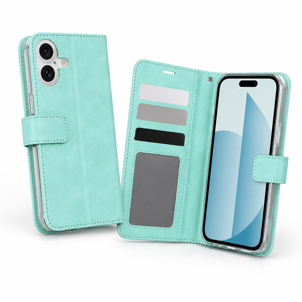 Apple iPhone 17 teal wallet phone case with transparent ID window
