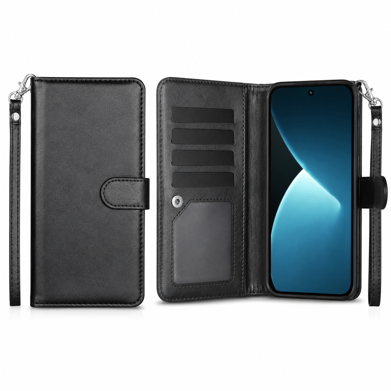 Black bifold 9-card detachable wallet case for Apple iPhone 17