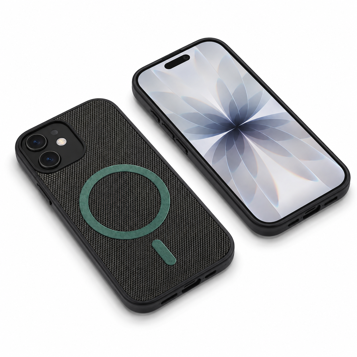 Green woven mobile cover with raised camera protection for iPhone 12