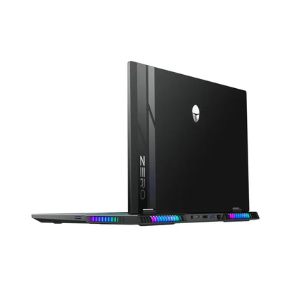 future tech gadgets Canada. smart tech store Canada. ThundeRobot ZERO16 Pro U7255HX57TE1Q360ARB Gaming Laptop. Gallery image 4. The laptop is positioned at a slight angle, showcasing its sleek black exterior and illuminated accents. The logo is visible on the lid, while the word "ZERO" is printed vertically along the side. The laptop's edges feature colorful LED lighting that transitions through various hues, enhancing its modern design.