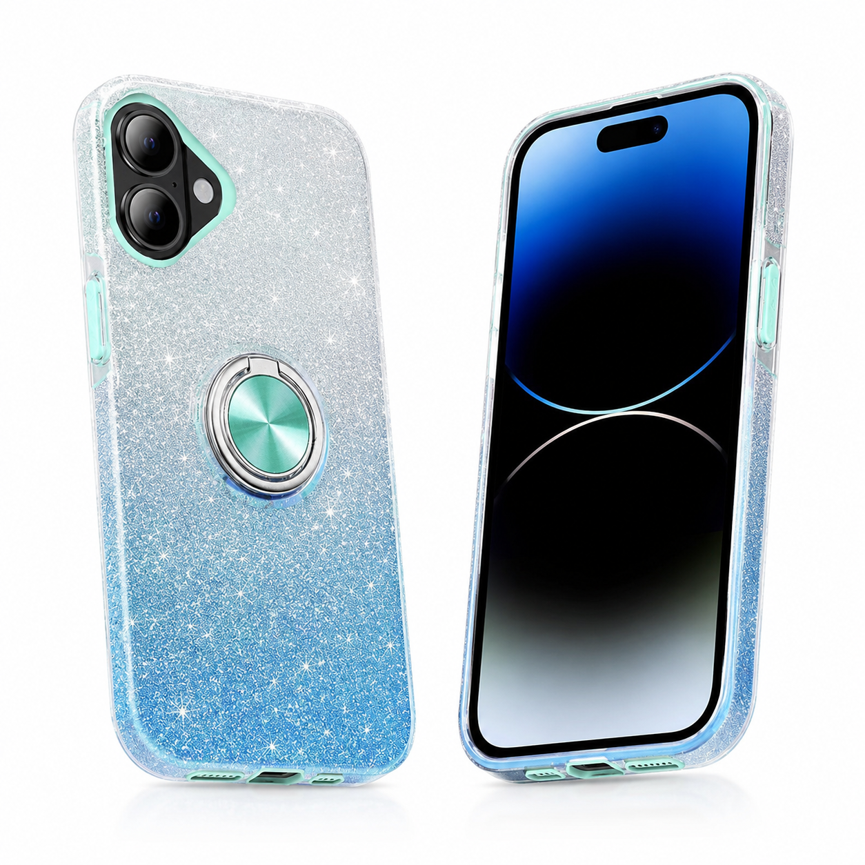 Shockproof blue glitter ring holder case for Apple iPhone 17