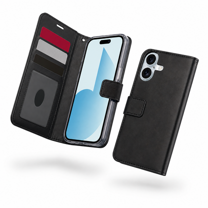 Premium black leather-style card holder case for Apple iPhone 17