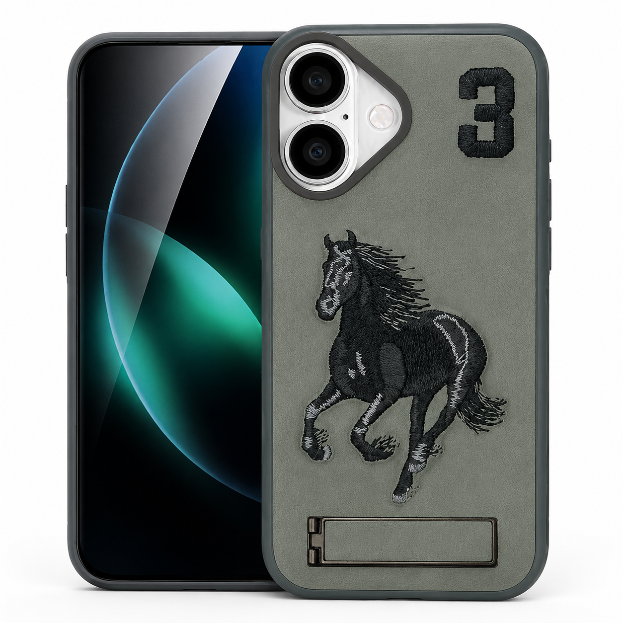 Grey Horse Design iPhone 16 Case, Kickstand Phone Case, Protective Mobile Cover, MagSafe Compatible Case