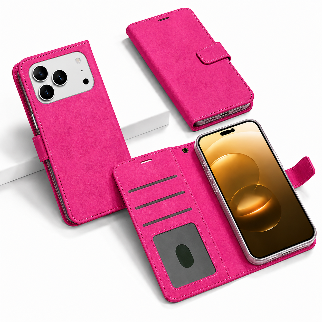 Hot Pink Photo ID Wallet for Apple iPhone 17 Pro Max Leather Protective Flip Phone Case