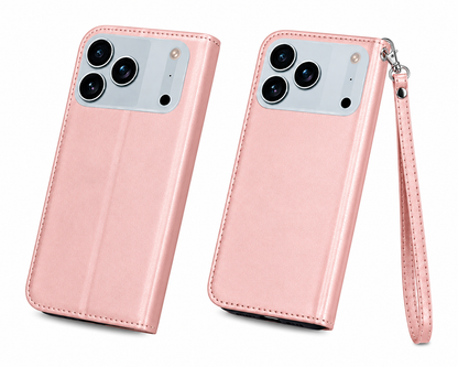 Shockproof Rose Gold iPhone 17 Pro Max Wallet Case with Card Holder, Wireless Charging Compatible Case, Premium Phone Cover
