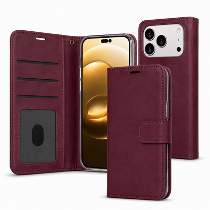 Apple iPhone 17 Pro Max Wine Flip Wallet Case Shockproof Card Holder Mobile Cover