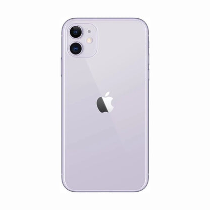 future tech gadgets Canada. smart tech store Canada. Premium iPhone 11. Gallery image 8. The smartphone is centered in the frame, showcasing its glossy lavender back. The Apple logo is prominently displayed in the middle, with two camera lenses positioned in the top left corner. The device is angled slightly to highlight its slim profile and rounded edges. The background is a seamless white, emphasizing the phone's color and design.
