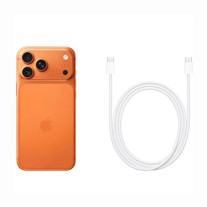 future tech gadgets Canada. cutting edge electronics online Canada. New Apple iPhone 17 Pro Max. Gallery image 11. The image features an orange smartphone positioned on the left side, showcasing its glossy finish and three rear camera lenses, along with a small flash. To the right, a white USB-C charging cable is neatly coiled, with connectors visible at both ends. The background is a seamless white, providing a clean and minimalistic presentation.
