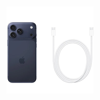 future tech gadgets Canada. cutting edge electronics online Canada. New Apple iPhone 17 Pro Max. Gallery image 10. The image features a dark blue smartphone positioned on the left side, showcasing its back with three camera lenses and an Apple logo. To the right, a white USB-C charging cable is neatly coiled, with both ends visible. The background is a seamless white, enhancing the contrast of the products.