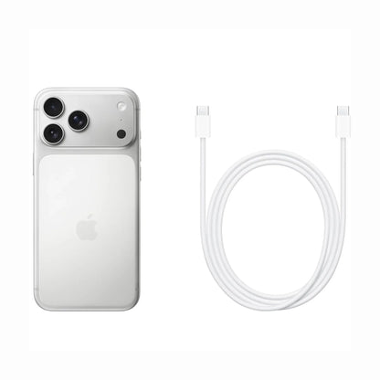 future tech gadgets Canada. cutting edge electronics online Canada. New Apple iPhone 17 Pro Max. Gallery image 12. A sleek, silver smartphone is positioned on the left side of the frame, showcasing its three rear cameras and a glossy finish. The Apple logo is visible on the back, along with a white magnetic charging accessory. To the right, a white USB-C charging cable is neatly coiled, with connectors visible at both ends.