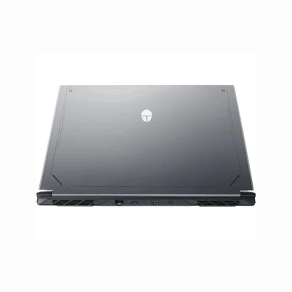 future tech gadgets Canada. smart tech store Canada. ThundeRobot R16 i9 Gaming Laptop. Gallery image 4. The laptop is shown from a top-down angle, centered in the frame against a seamless white background. Its sleek, matte black exterior features a subtle logo in the center and angular design elements along the edges. The laptop's hinge and ports are visible on the right side, including a USB-C port and an audio jack.