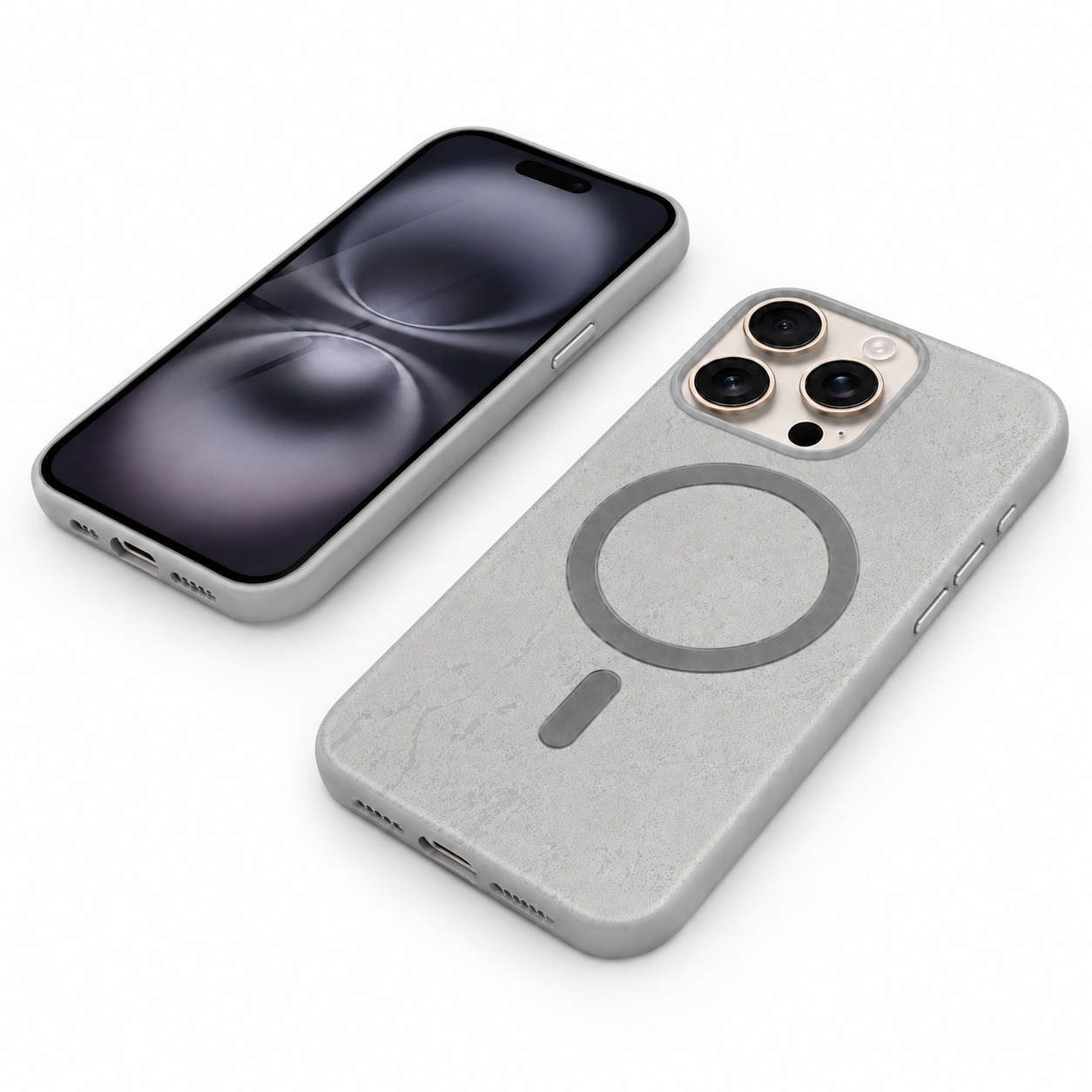 Grey soft-touch mobile cover with raised camera protection for iPhone 12