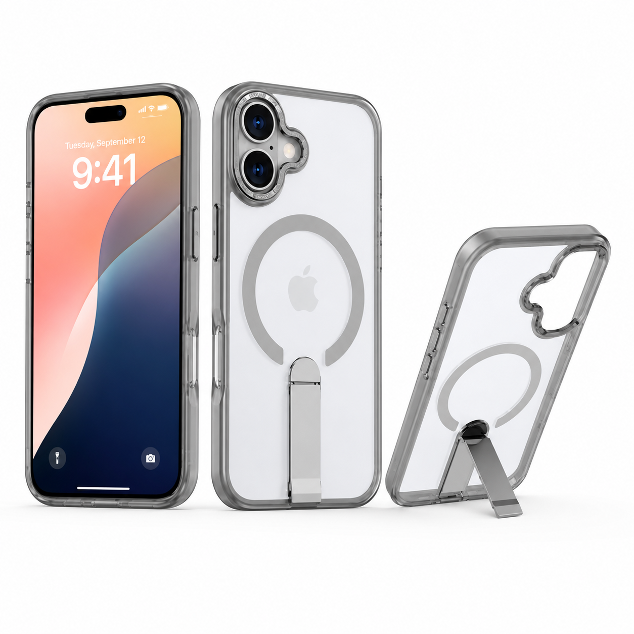Grey MagSafe iStand Case for Apple iPhone 16, Shockproof Phone Case, Protective Mobile Cover, Kickstand Case