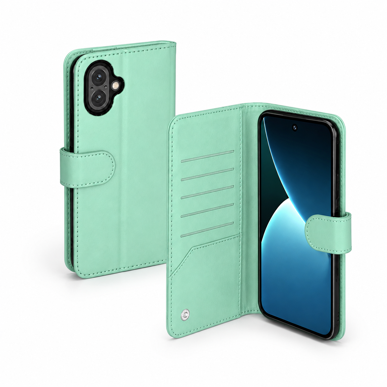 Shockproof teal leather-style wallet cover for Apple iPhone 17