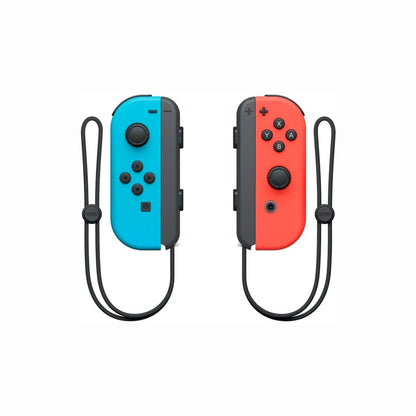 cutting edge electronics online Canada. buy electronics online Canada. New Nintendo Switch OLED Mario kart Deluxe Edition. Gallery image 4. The image features a pair of Nintendo Switch Joy-Con controllers, positioned side by side against a plain white background. The left controller is a vibrant blue with a black grip and buttons, while the right controller is a bright red, also with a black grip. Each controller has a wrist strap attached, which is secured with a small black button.