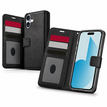 Shockproof black folio case for iPhone 17 with card storage