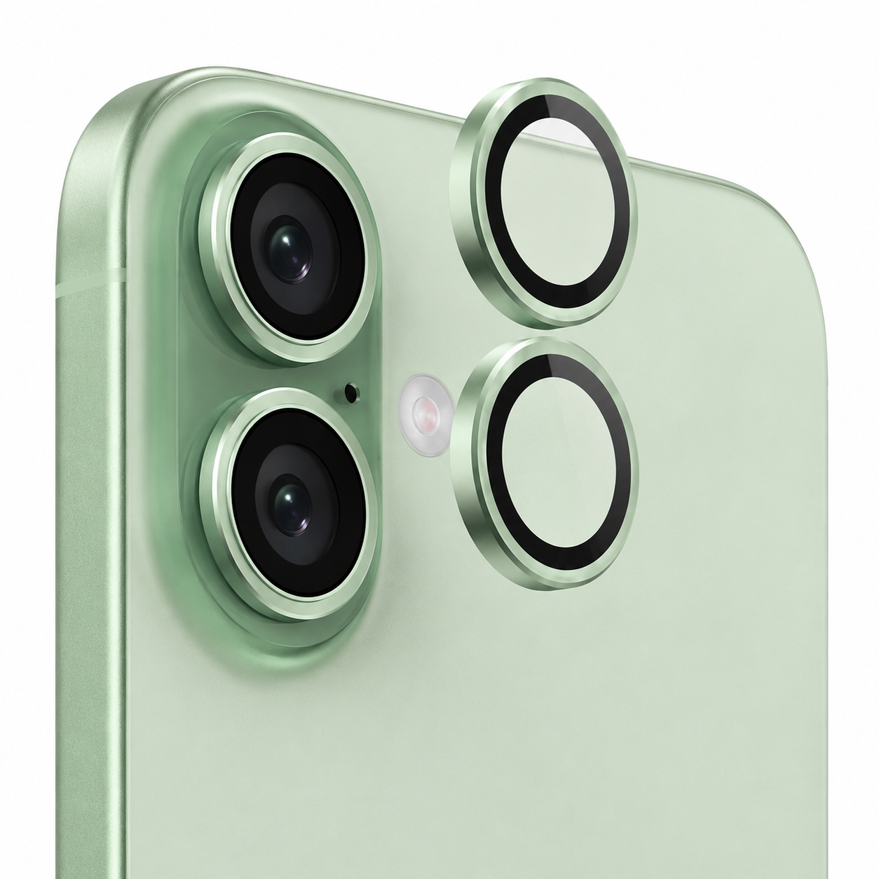 Close-up of metallic green iPhone 17 camera lens protector ring
