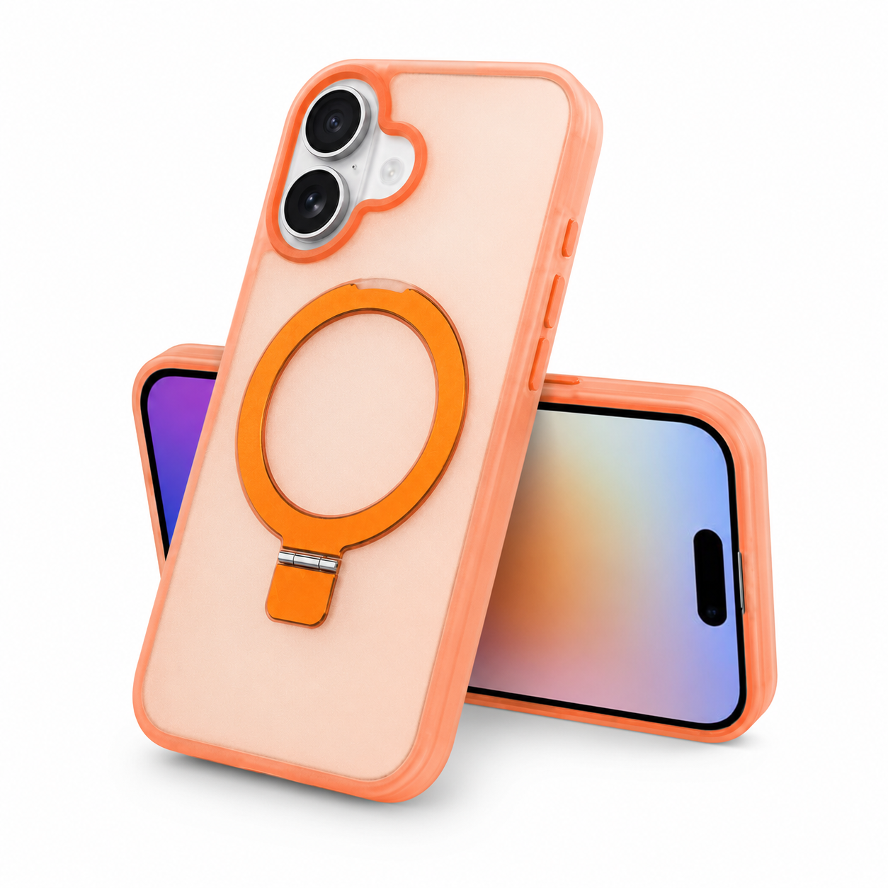 iPhone 16 orange protective phone case with transparent magnetic ring design
