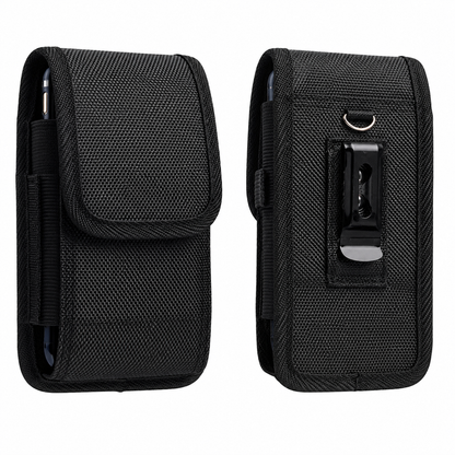 Black Belt Vertical Phone Pouch for Apple iPhone 17 Pro Max with Metal Belt Clip and Card Slot