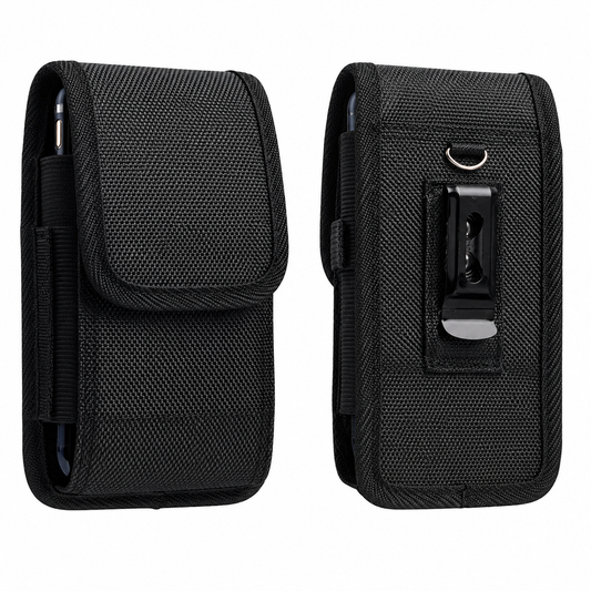 Black Belt Vertical Phone Pouch for Apple iPhone 18 Pro Max with Metal Belt Clip and Card Slot